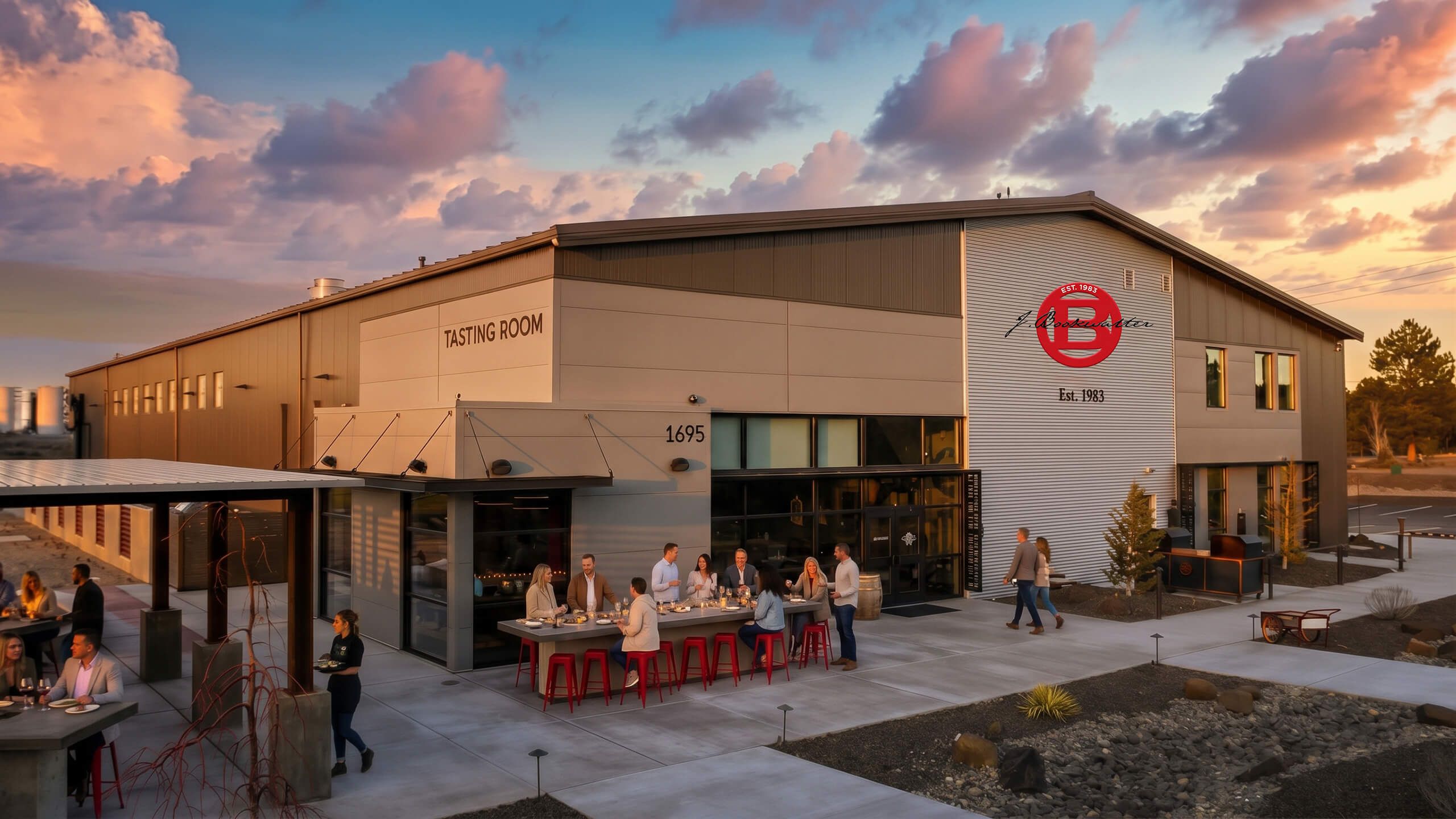 Guests gathered on the patio of the J. Bookwalter tasting room at sunset