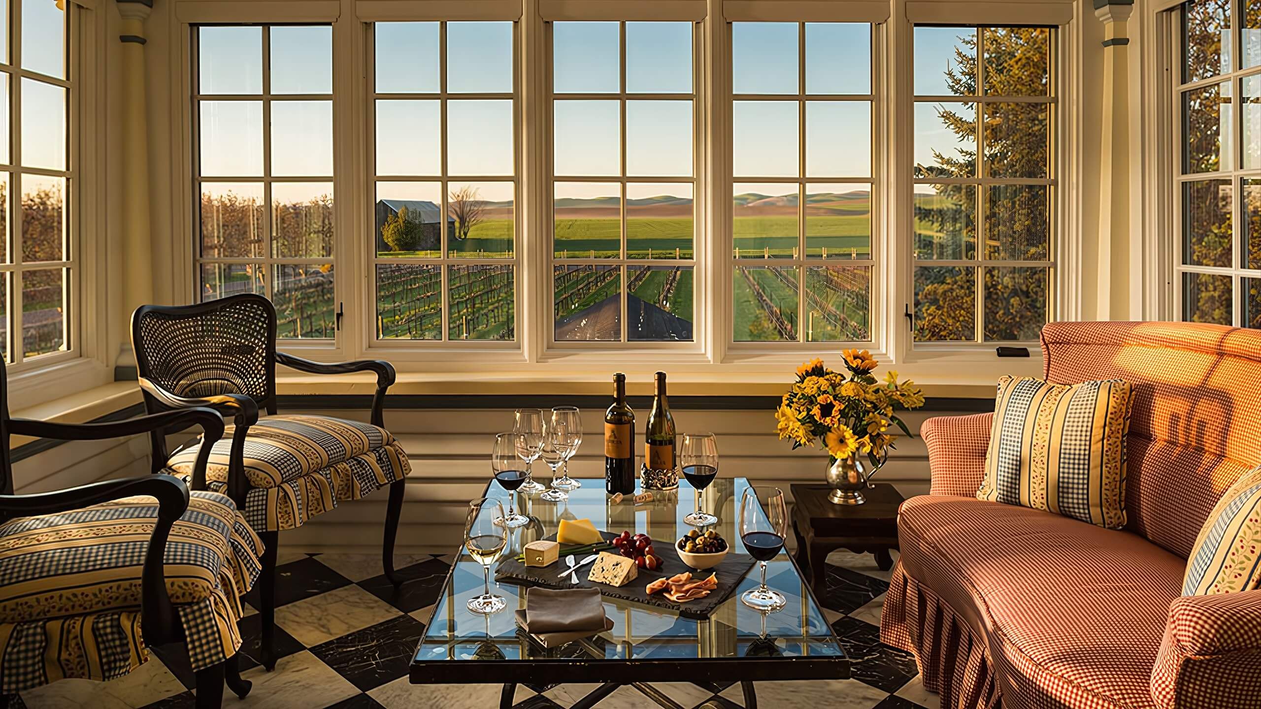 A sitting room at the Abeja Inn overlooking estate vineyards