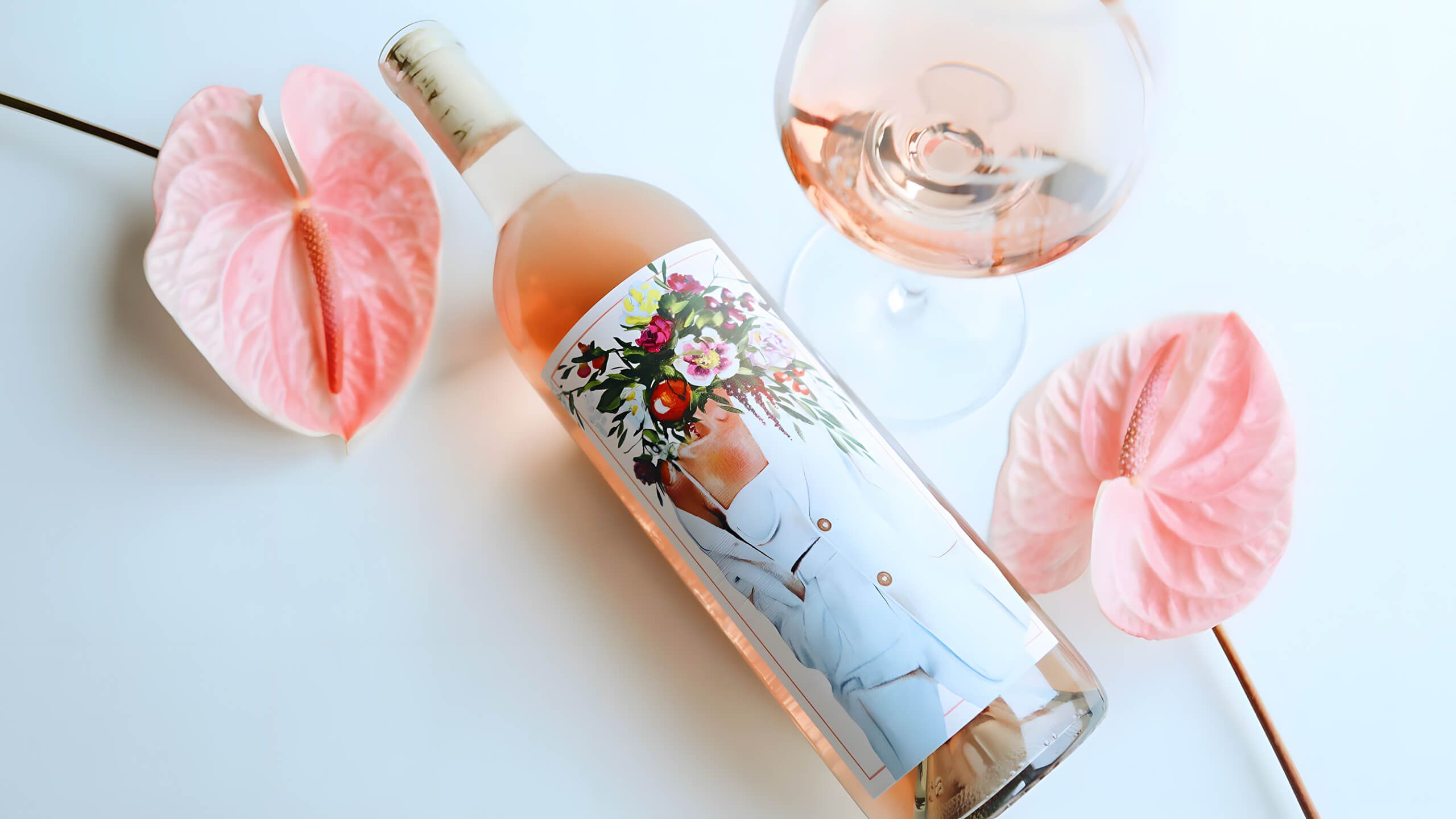 A bottle of Revelation Rosé with its floral portrait label, a glass of rosé and two pink anthurium blooms on a white surface