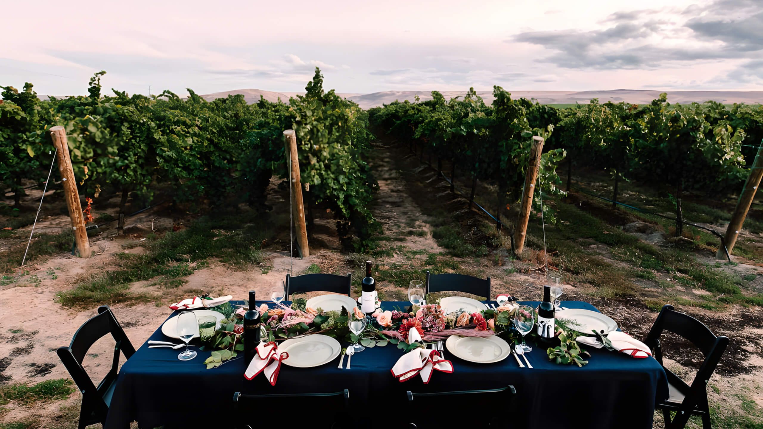 A dinner table dressed in navy linen with wine, flowers and place settings, set in a vineyard row with hills beyond at dusk