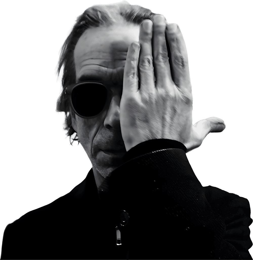 Felice Levini, black-and-white portrait, one hand covering half his face