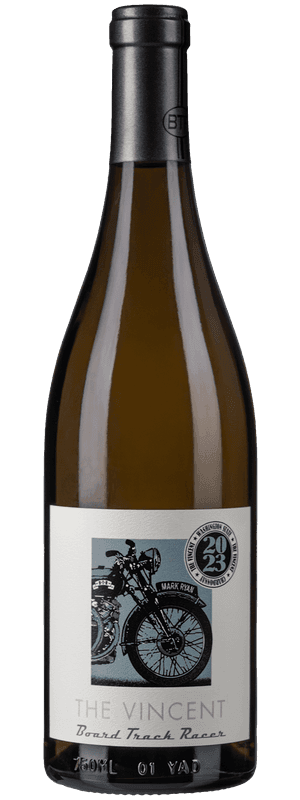 Bottle of Board Track Racer 'The Vincent' Chardonnay with a vintage motorcycle label