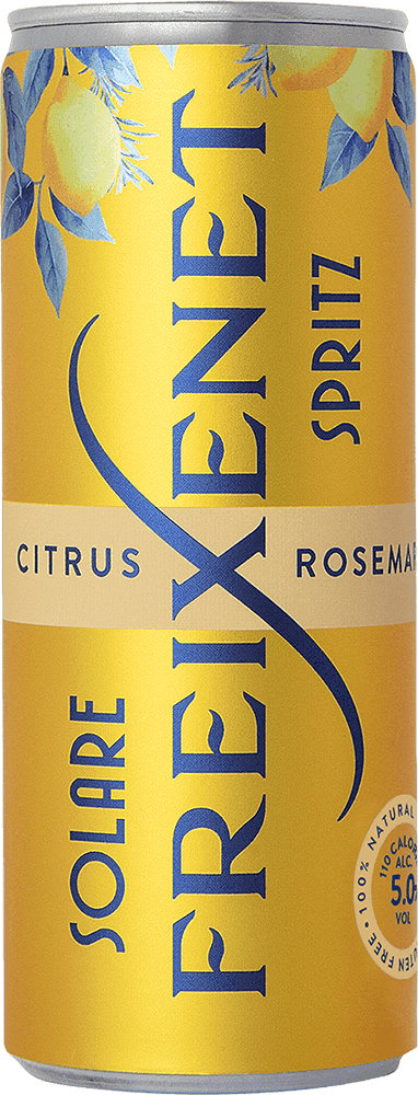 Freixenet Solare Spritz 250 ml slim can, gold with blue lettering and a citrus and rosemary label