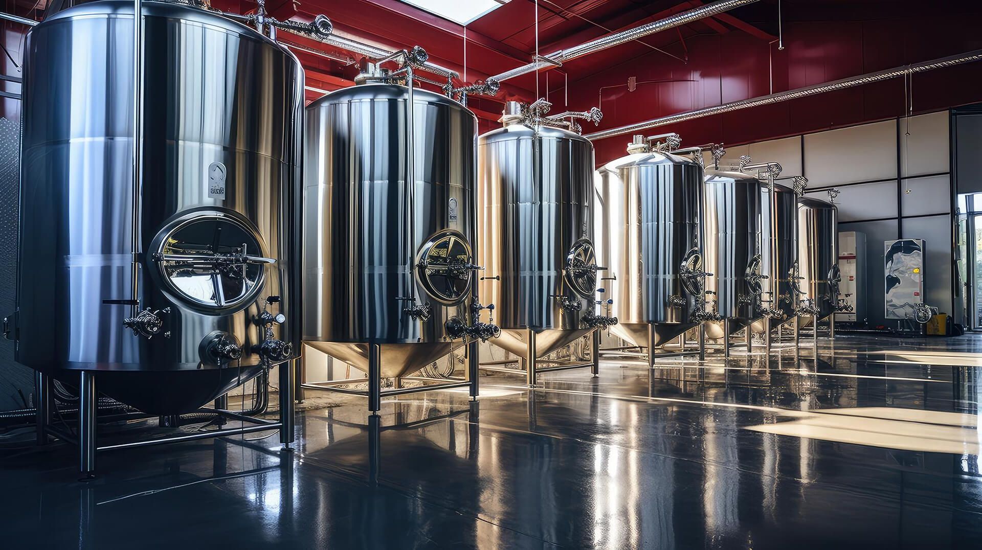 A row of polished stainless steel tanks in a winery, light pooling on the floor