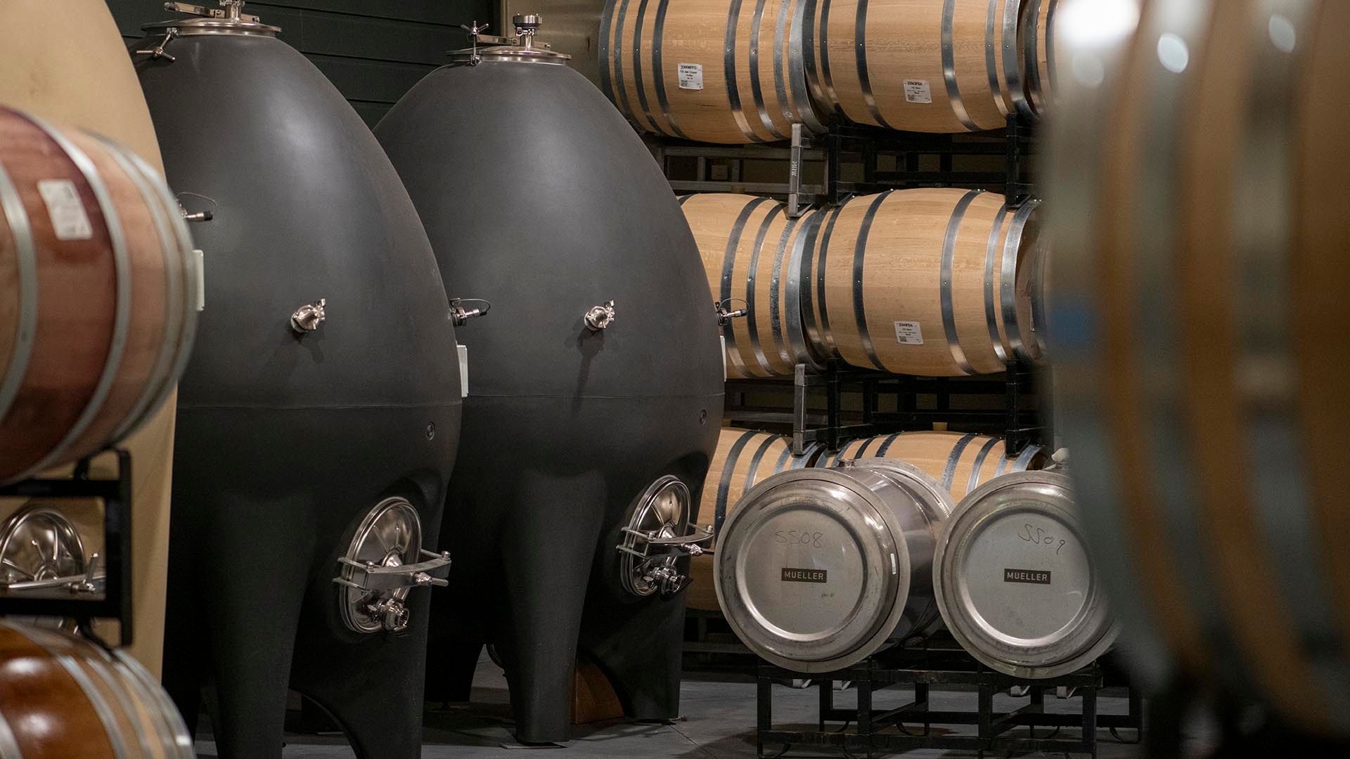 Two egg-shaped concrete fermentation tanks in the Martin Ray cellar, oak barrels racked behind them