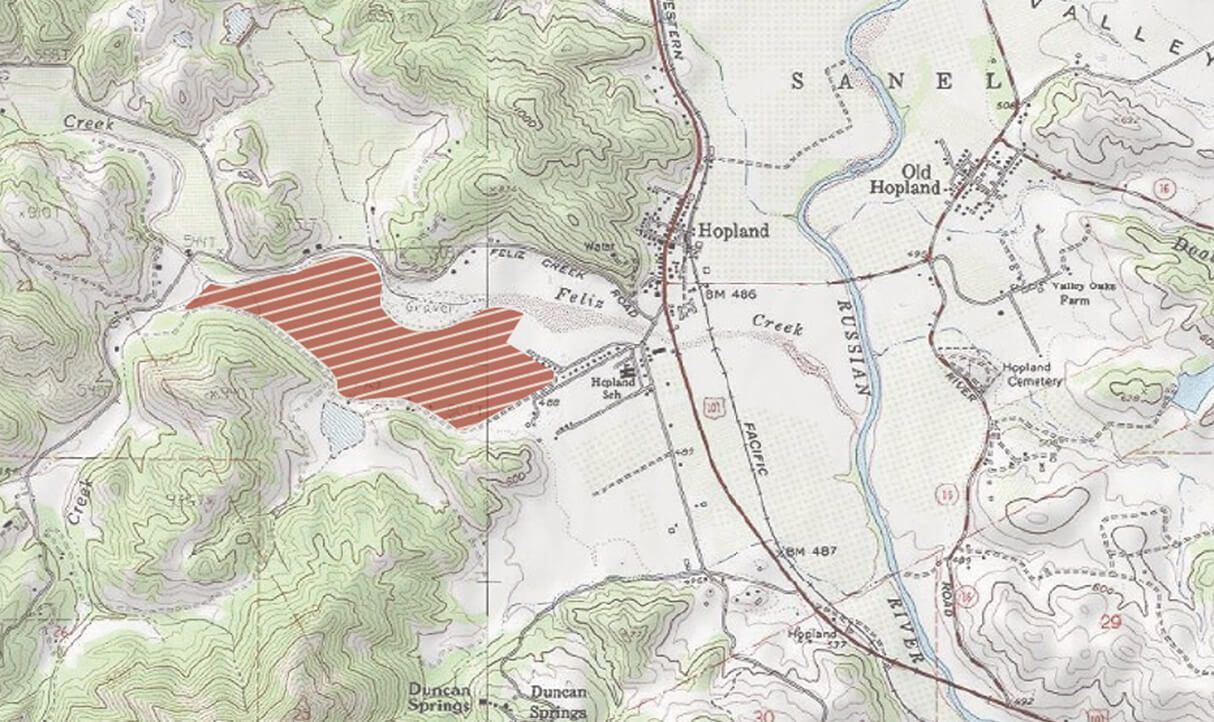 Topographic map of Feliz Creek Vineyard parcel highlighted in red, west of Hopland in Mendocino County