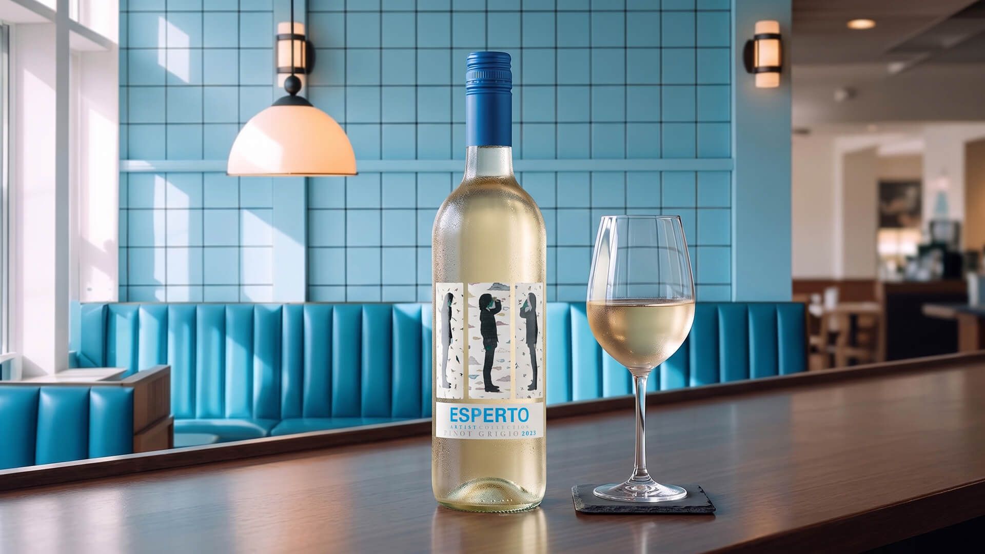 Esperto Artist Collection Pinot Grigio bottle and a poured glass on a wooden bar, blue tile and banquettes behind
