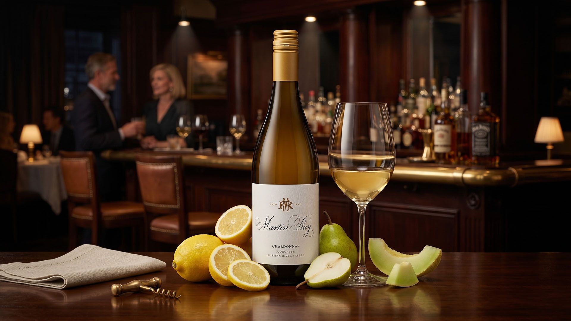 Martin Ray Concrete Chardonnay bottle and a poured glass on a polished bar with lemons, pear, and melon, guests and a back bar softly out of focus behind