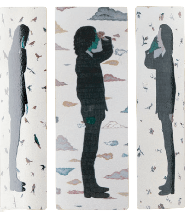 Felice Levini's Artist Collection label: three figures, the expert who listens, watches, and talks