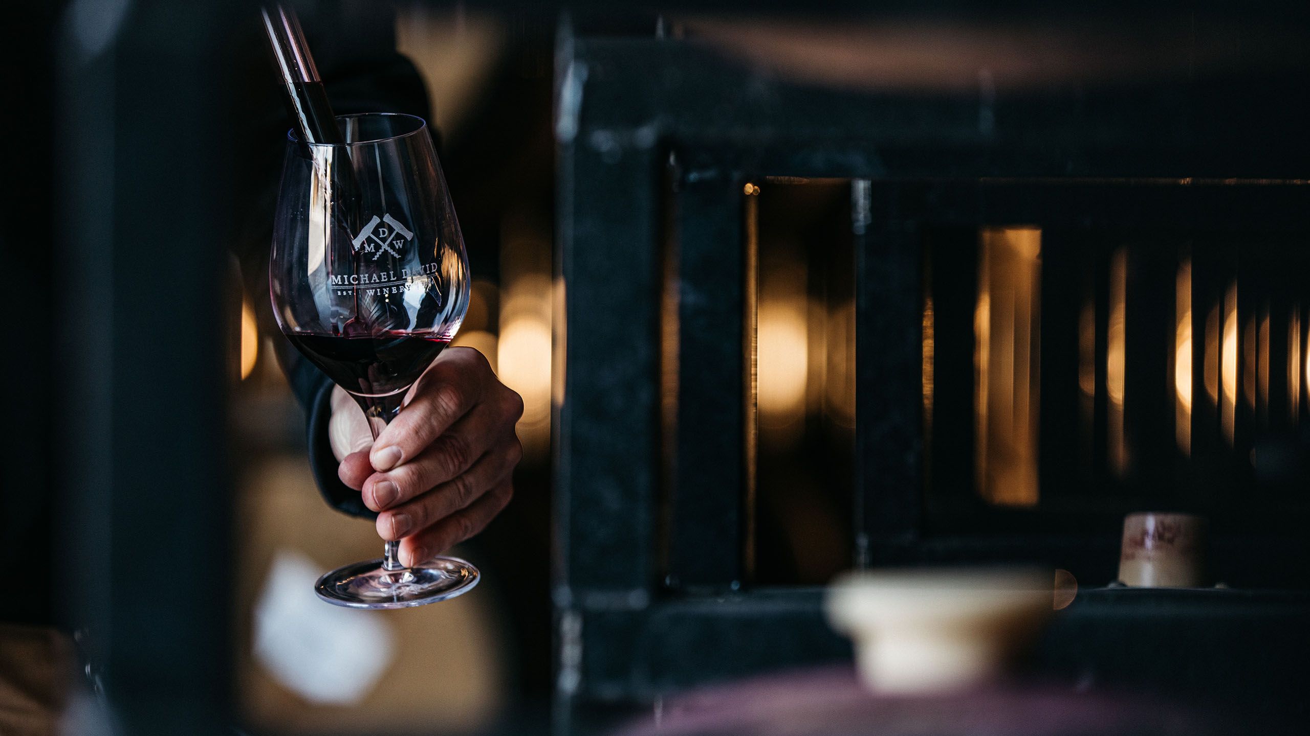 Aerial view of Michael David Winery vineyards stretching across the Lodi appellation at golden hour