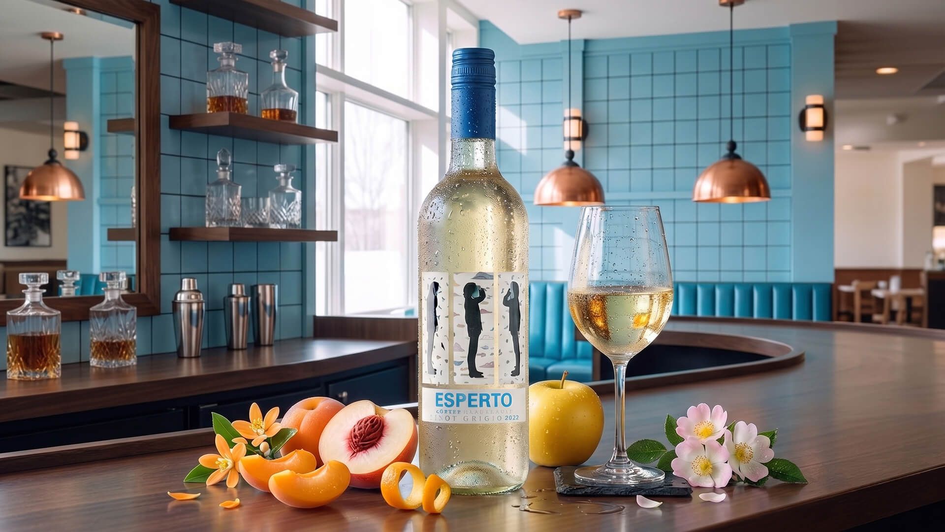 Chilled Esperto Artist Collection Pinot Grigio bottle and a poured glass on a bar, with peaches, apricots, a golden apple, and blossoms