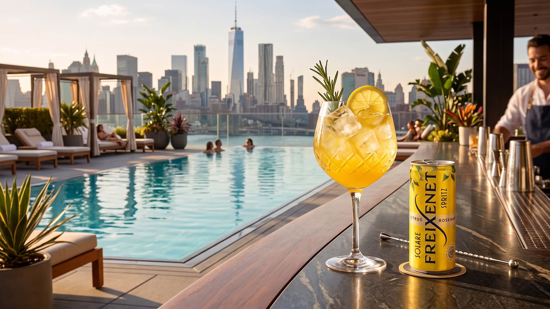 Freixenet Solare Spritz poured over ice in a stemmed glass with a lemon wheel and rosemary sprig, the can beside it on a rooftop pool bar at golden hour