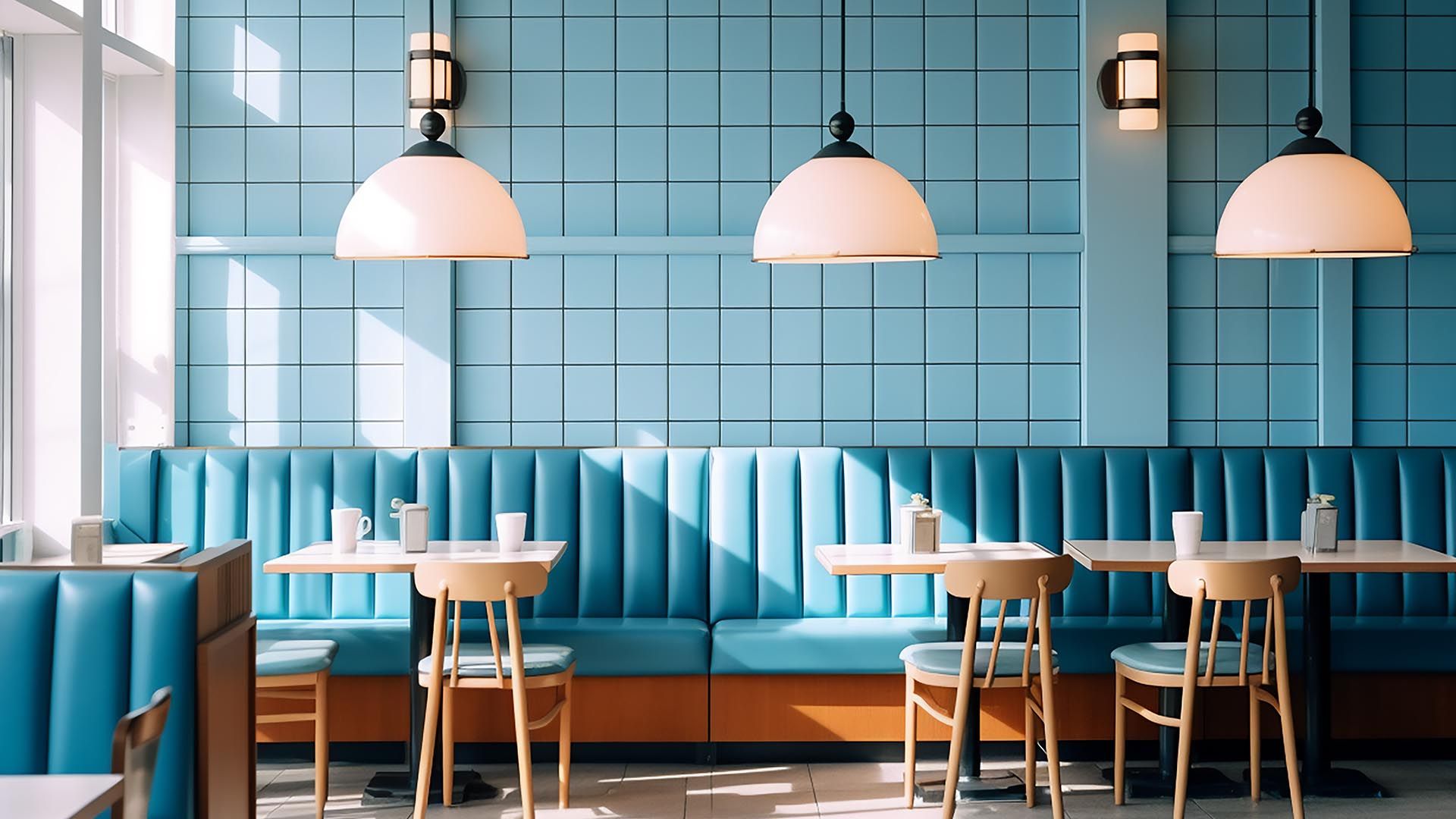 Soft-focus modern restaurant interior, set tables with wine glasses under warm pendant lights