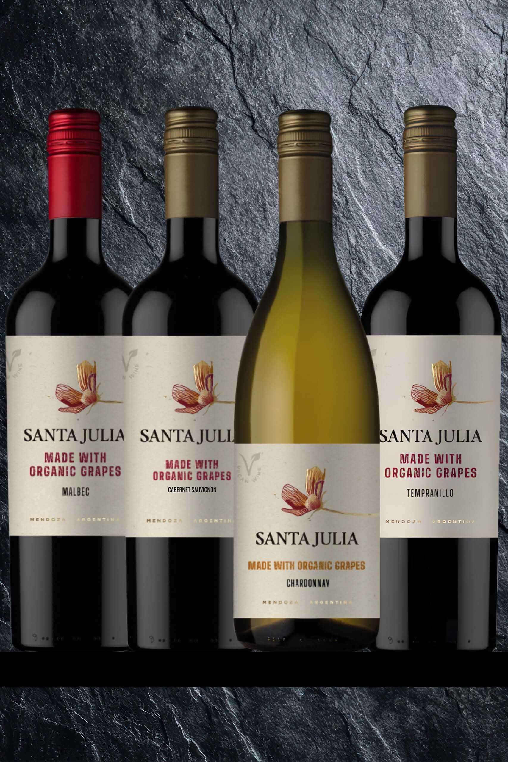 The Santa Julia Organica range: Malbec, Cabernet Sauvignon, Chardonnay, and Tempranillo, all made with organic grapes